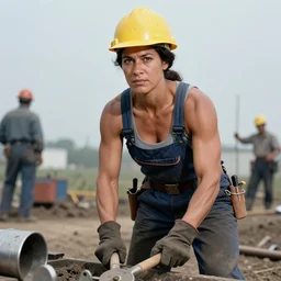 90's professional color photograph, A very muscular miner woman at work