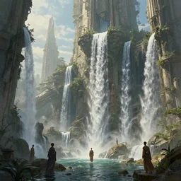a matte painting of beautiful religious science fiction city, with waterfalls, 8 k, cinematic lighting, hd, atmospheric, hyperdetailed, trending on artstation, deviantart, digital painting, concept art smooth sharp focus illustration, art by artgerm and paul chadeisson and greg rutkowski, sung choi and alphonse mucha