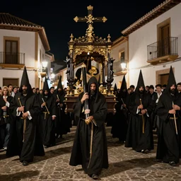 A Holy Week procession of souls in a Spanish green village at night. A figure at the front holds a cross, trending on artstation, highly detailed, 50mm, by El Greco, Remedios Varo y Salvador Dali.