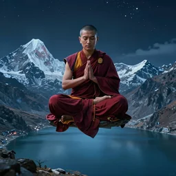 buddhist monk in dark red cloth in lotus position and hands in namaste, flying over himalaya mountains lake in weightlessness at night, highly detailed science fiction illustration by jeremy geddes. photorealistic, hyper detailed, 8 k, movie still, artstation