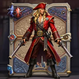 Hearthstone official professional art. A blond male pirate using red long red rob and two guns inspired on triggun . Insanely coherent physical body parts (face, arms, legs, hair, eyes). Full body realistic, sharp focus, 8k high definition, insanely detailed, intricate, elegant, smooth, sharp focus, illustration, ArtStation