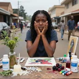 “ a portrait in a female art student on a street in nairobi, fear, afraid, bustling, art supplies, anxiety, medical supplies, pills and medicine, ikebana, herbs, a candle dripping white wax, squashed berries, berry juice drips, acrylic and spray paint and oilstick on canvas, surrealism, neoexpressionism ”