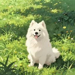 a samoyed dog sitting in the middle of sunny meadow, by Satoshi Kon