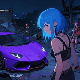 digital illustration of cyberpunk pretty girl with blue hair, looking at a purple lamborghini, in junkyard at night, by makoto shinkai, ilya kuvshinov, lois van baarle, rossdraws, basquiat