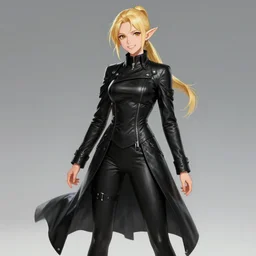 full body portrait of beautiful elf, skintight jet black leahter coat, black leggins, golden ponytail, happy, high fantasy, extemely detailed, dnd, smooth, sharp focus, digital illustration, by artgerm, sakimichan, rossdraws