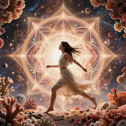 ridiculously beautiful young asian woman tripping by irakli nadar, 3 d layers of coral and light fractals radiating behind with sacred geometry, cosmic, natural, awakening, symmetrical, in the style of ernst haeckel and alex grey, effervescent, warm, photo realistic, epic and cinematic