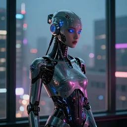 A cyberpunk synthwave cyborg android staring out at the city below through a window