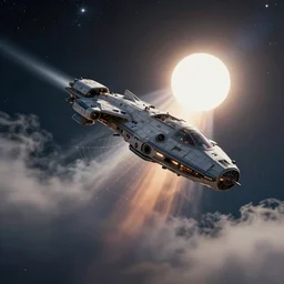 a spaceship shaped like a t soaring starry webs, eclipse in the background, volumetric fog, beautifully colored, raytracing, back light, raymarching, by ilm, by digital domain, by weta digital