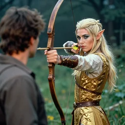 photograph of divine!!!!!!!!!!! ( ( ( ( ( ( with makeup ) ) ) ) ) ) the elven archer aims his last arrow at his foe, 1 9 9 0 s, taken by martin parr, saturated colour photo, high definition, 8 k