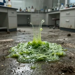 a puddle of green, bubbling slime on the floor of a dirty, abandoned lab, creepy, disgusting, 8 k, high quality