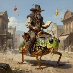 A very highly detailed wild west magical sorcerer wizard with a very highly detailed face with spellbooks and potions riding on a very higly detailed large grasshopper!! with segmented legs on the street of a wild west town digital rational painting art by Greg Rutkowski, magic fantasy highly detailed, digital concept art, sharp focus, realistic concept art by Stephen Hickman and James Gurney and Hiromasa Ogura Ghost in the Shell rendered in Octane Render, From the distance