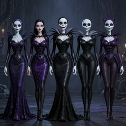 a lineup of character designs of woman villain characters with varying shapes and sizes and inspired by the nightmare before christmas, high resolution