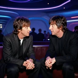 paul mccartney and john lennon sitting and talking at a futuristic night club