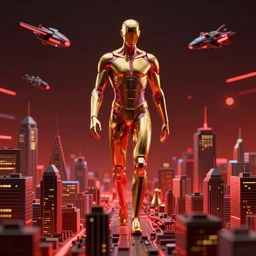 pro - vida, cosmic integration, at first, man is within himself. then he leaves himself, goes to his city ; after his city by greg rutkowski and thomas kinkade, trending on artstation., red and gold color scheme, macro up view of a giant human metallic of 1 km of hight walking on the small city, tron, close up bokeh hiperrealistic neon glow darkness dramatic neon f - zero ships, sharp focus, octane render, imax