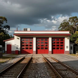 a fire station, railway tracks going into it