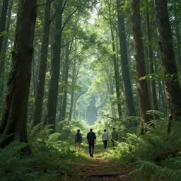 A beautiful forest with a giant walking in the far distance by Greg Rutkowski, Sung Choi, Mitchell Mohrhauser, Maciej Kuciara, Johnson Ting, Maxim Verehin, Peter Konig, final fantasy , 8k photorealistic, cinematic lighting, HD, high details, atmospheric,