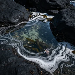 birds eye view tide pools, clear pools of water with swirling sea foam, dark black smooth obsidian boulders, floating kelp, small fishes, octopus
