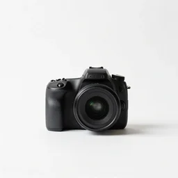minimalist dslr camera, commercial catalog photo, isolated on a pure white background, centered, entire object in frame, sharp focus, soft studio lighting