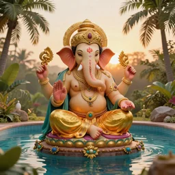 Lord Ganesha, golden hour, near a tropical pool, artstation, by J. C. Leyendecker and Peter Paul Rubens,