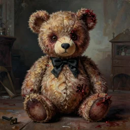 grunge drawing of a cartoon bloody teddy bear by - Zdzisław Beksiński , corpse bride style, horror themed, detailed, elegant, intricate