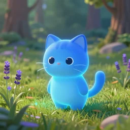 blue glowing cute cat in grassy field with forest in the background, lavender growing nearby, disney pixar movie, 3 d render, octane render