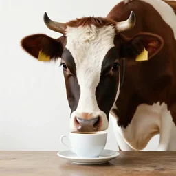 photograph of a cow drinking a cup of coffee