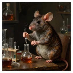 a gentleman anthropomorphic mouse performing a chemistry experiment with beakers in a dark, cluttered lab space, realistic, chiaroscuro, renaissance art, realistic, intricate textures