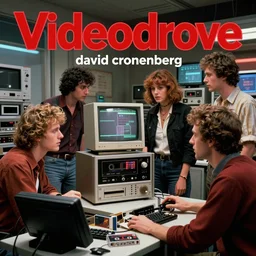 full - color movie - frame from a 1 9 8 7 sequel to “ videodrome ” directed by “ david cronenberg ”. retrofuturism ; color cinematic photography ; cassette - punk ; cassette - futurism ; dystopian ; suspense ; people conversing and stalking each other near video - decks or reel - to - reel tapes or radio - equipment or mainframe computers.