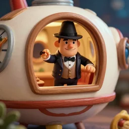 a mobster knocking on the window of a cozy clockpunk fisher price space ship