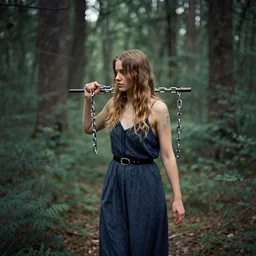 a woman carrying chains, in a forest, by Charlotte Grimm, CANON Eos C300, ƒ1.8, 35mm, 8K, medium-format print