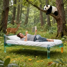 your mom laying on bed in middle of forest with book in one hand and beer in other. There is a deer in background and a panda climbing a tree above your mom. Bed has 4 legs, each is made of different color of glass. Froor is made of colourful grass.