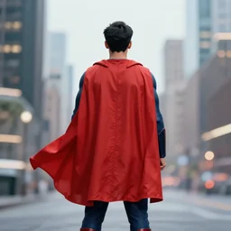 a 3 5 mm photo from the back of a superhero wearing a cape standing in front of a city, splash art, movie still, bokeh, canon 5 0 mm, cinematic lighting, dramatic, film, photography, golden hour, depth of field, award - winning, anamorphic lens flare, 8 k, hyper detailed, 3 5 mm film grain