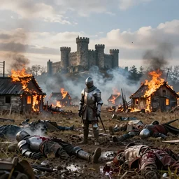 burning village houses in the background, dead bodies in mud, body parts, one knight standing alone, sanguinary blood splatters, castle in background, flying mud, debris, boots, smoke, field, wet, dawn, partly cloudy, cold breath, hyper realistic, octane render, hyper detailed, cinematic, medium shot
