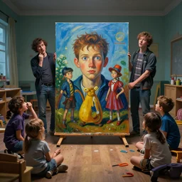 crazy dumbest kids in kindergarten around one big masterpiece painting in center of room, cinematic moody colors, realistic shaded lighting poster by ilya kuvshinov, magali villeneuve, artgerm, jeremy lipkin and michael garmash and rob rey