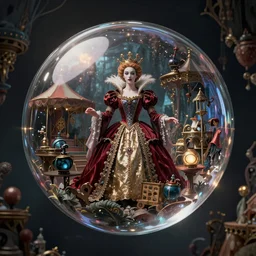 By Tom Bagshaw, ultra realist octane render of a floating transparent glass sphere, filled with a curiosities carnival scene beautiful gothic queen dressed inside, reflection and refraction, gods ray, symmetry accurate features, very intricate details, volumetric light, dark fantasy background, artstation