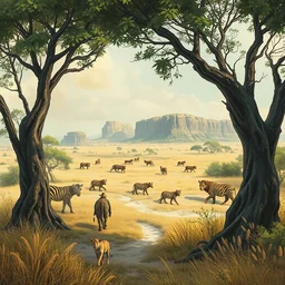 savanna. highly detailed, digital painting, watercolor, soviet realism, engraving, artstation, concept art, smooth, sharp focus, vivid grunge, manga, illustration, unreal engine 5, 8 k, art by bilibin and kuvshinov and malevich and mucha