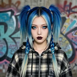 highly detailed portrait of a sewer punk lady, tartan hoody, blue ringlet hair by atey ghailan, by greg rutkowski, by greg tocchini, by james gilleard, by joe fenton, by kaethe butcher, gradient blue, black, blonde cream and white color scheme, grunge aesthetic!!! ( ( graffiti tag wall background ) )