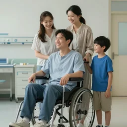 a male patient in a wheelchair in the hospital with his wife and son standing by. happy, cheerful, smiling, cinematic lighting, art by emiliya lane, margaret dyer