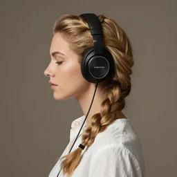 woman braided hairstyle blonde, profile view, eyes closed, white shirt, headphones, henri fantin - latour, jules bastien le - page, gaston bussiere