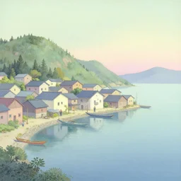 fishing village by the lake, beautiful matte painting, brian froud, yoshitaka amano, kim keever, victo ngai, james jean. pastel colors