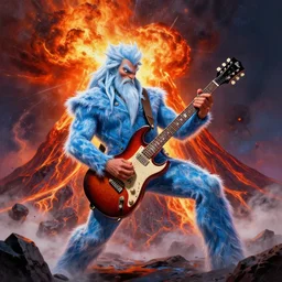 unfrozen caveman lawyer shredding on a gibson sg, intense guitar solo inside an exploding volcano, painting by frank frazetta and glenn fabry, 3 d rendering by beeple