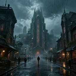 dystopian wonderland, cinematic style, ultra realistic, dark, rain, HDR