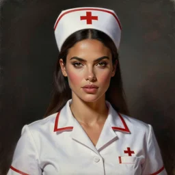 a beautiful woman with nurse uniform, adriana lima, painted by artgerm and tom bagshaw, fantasy art, dramatic lighting, highly detailed oil painting