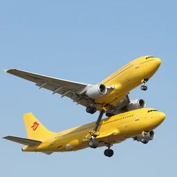 an immense flying yellow construction 7 4 7 plane uses a crane to build another airplane in flight, imax