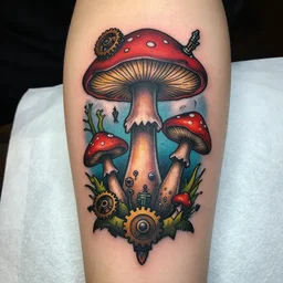 mechanic magic mushrooms, steampunk eery tattoo, one color,
