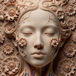 beatifull frontal face portrait of a woman, 1 5 0 mm, anatomical, flesh, flowers, mandelbrot fractal, veins, arteries, symmetric, intricate, golden ratio, full frame, microscopic, elegant, highly detailed, ornate, ornament, sculpture, elegant, luxury, beautifully lit, ray trace, octane render in the style of peter gric, alex grey and