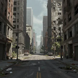 A matte painting of a realistic abandoned urban city,featured on ArtStation, realistic colors,Super wide angle,viewed from afar,Daytime,Flat roads,Geometrically realistic,Street signs,traffic lights, trash on the street, broken windows