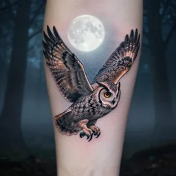 tattoo of owl flying at night through fog in the forest lit by the full moon