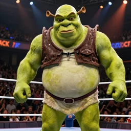 shrek vs andre the giant at wrestlemania 8, dramatic lighting, 8k