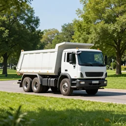 a clean looking dump truck driving by a grassy park, sunny day, beautiful sunny enviroment, hyper realistic, extremely detailed, raytracing, art by artgerm, greg rutkowski and alphonse mucha, artstation, octane render